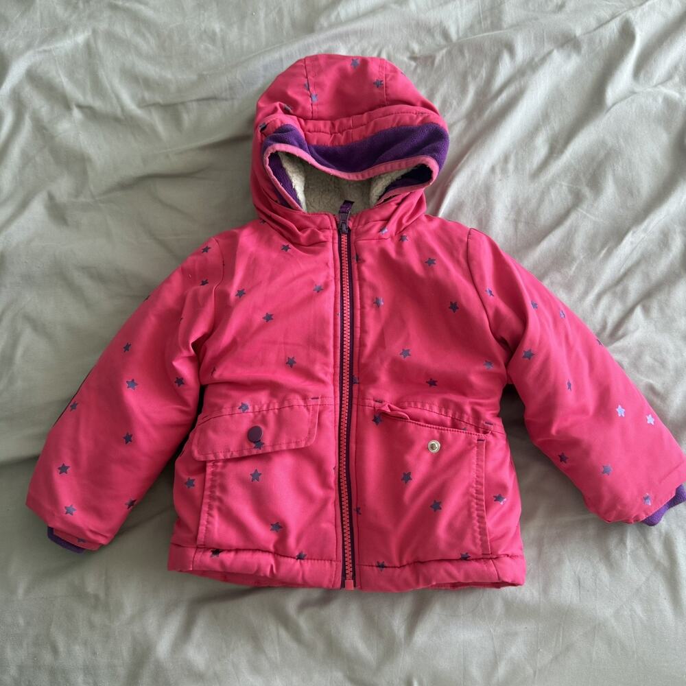 Cat & Jack Puffer Jacket Girls 2T Pink Purple Stars Hooded Full Zip Sherpa Lined